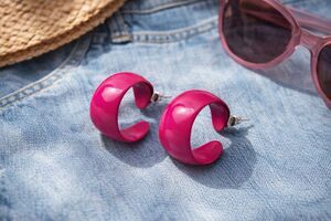 Vintage 80s Hot Pink Enamel Hoop Earrings Chunky Bold Statement